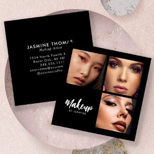 Elegantes Schwarz-Weiß-Script-3-Foto-Make-up Quadratische Visitenkarte