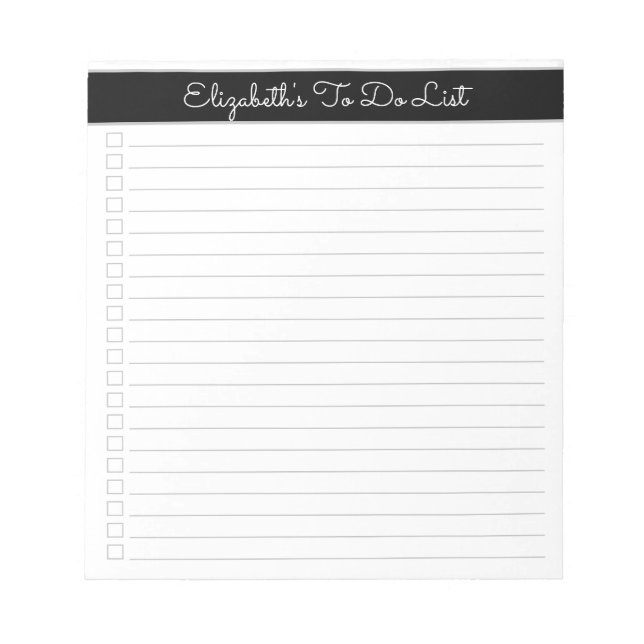 Elegantes Schwarz-Weiß-Script-Ein-Spalten-Checklis Notizblock (Vorderseite)