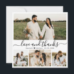 Elegantes Schwarz-Weiß-Script-Foto Hochzeit Danke<br><div class="desc">Elegante Schwarz-Weiß "Liebe und Dank" Script 4 Foto Collage Wedding Dankeschön Karte. Stilvoll, modern, minimalistisch Hochzeitskarte mit vier (4) Foto auf der Vorderseite und ein Foto auf der Rückseite. Mit dem Text "Liebe und Dank" in einer Wirblen Hand Schriftzeichen Swash-Schwanz Schriftart in schwarz auf weißem Hintergrund. Personalisieren Sie den individuelle...</div>