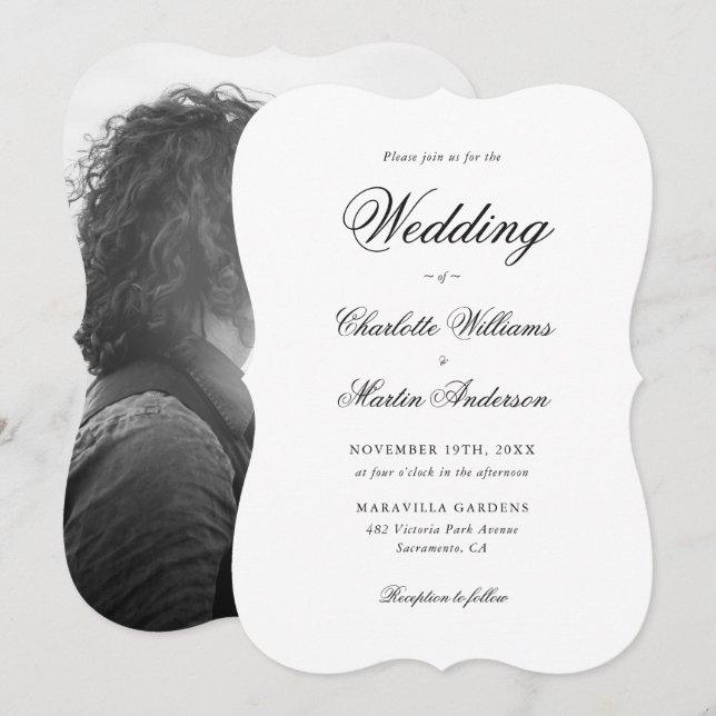 Elegantes Schwarz-Weiß-Script-Foto Hochzeit Einladung (Vorne/Hinten)