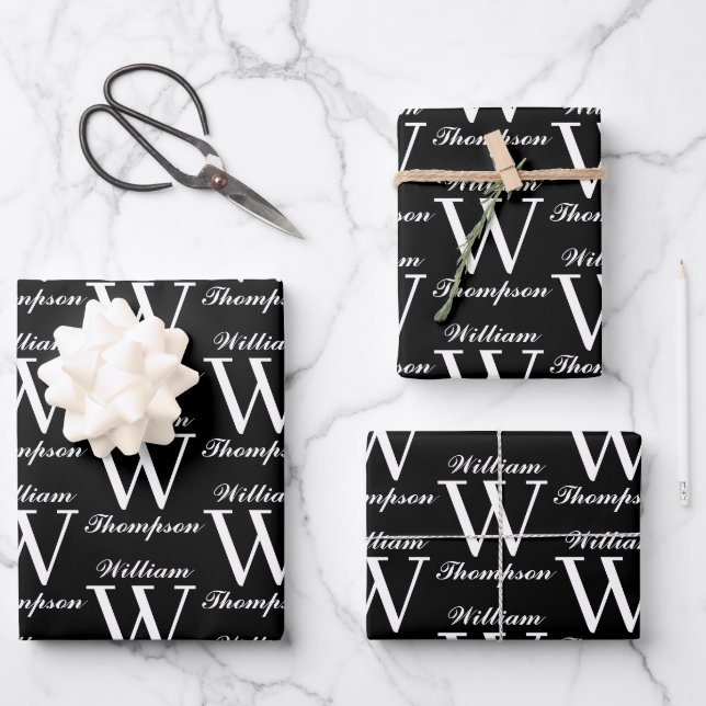 Elegantes Schwarz-Weiß-Script-Monogramm Geschenkpapier Set (Vorderseite)