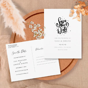 Elegantes Schwarz-Weiß-Script Save-the-Date Postkarte