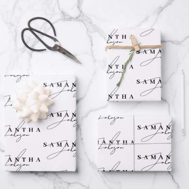 Elegantes Schwarz-Weiß-Signaturskript Geschenkpapier Set (Vorderseite)