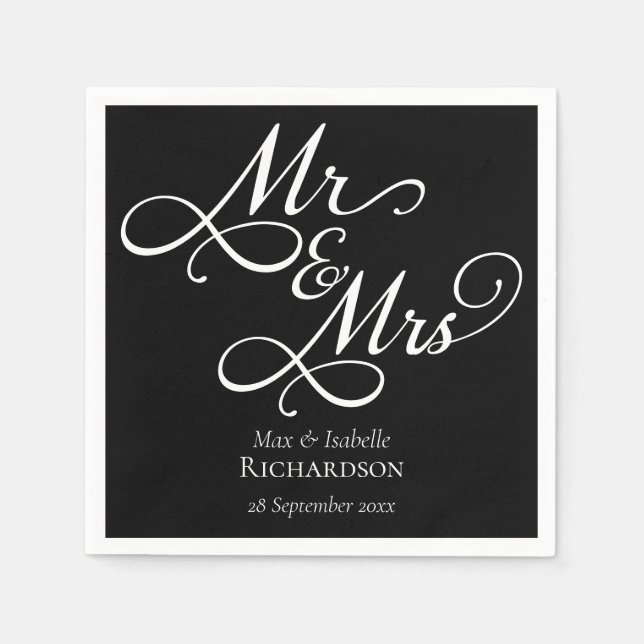 Elegantes Schwarz-Weiß-Skript Hochzeit Napkins Serviette (Vorderseite)