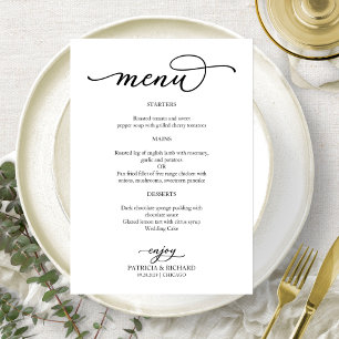 Elegantes Schwarz-Weiß-Skript-Hochzeitsmenü Menükarte