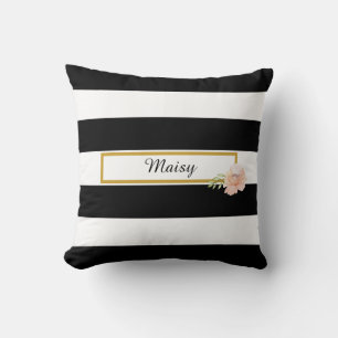 Elegantes Schwarz-Weiß-Streifen-Gold-Blumenmuster Kissen