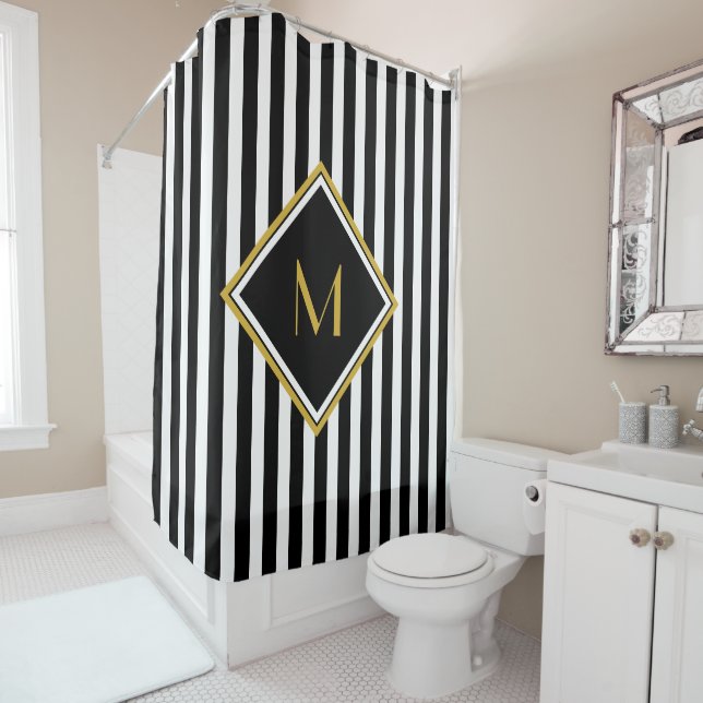 Elegantes Schwarz-Weiß Streifen Gold Monogramm Duschvorhang (Beispiel)
