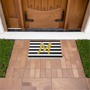 Elegantes Schwarz-Weiß Streifen Gold Monogramm Fußmatte