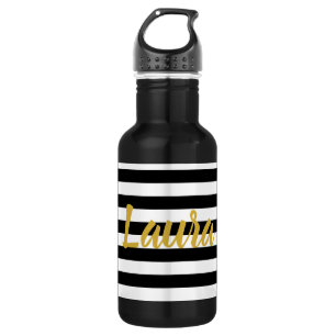 Elegantes Schwarz-Weiß-Streifen - Goldname-Script Edelstahlflasche