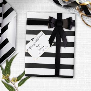 Elegantes Schwarz-Weiß-Streifen-Goldrahmen-Hochzei Geschenkpapier