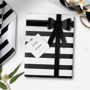 Elegantes Schwarz-Weiß-Streifen-Goldrahmen-Hochzei Geschenkpapier