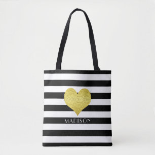 Elegantes Schwarz-Weiß-Streifenmuster Name Tasche