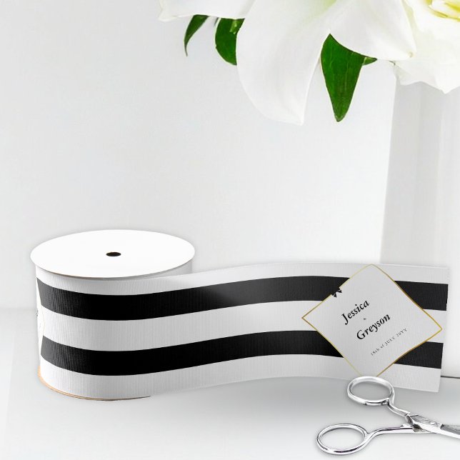 Elegantes Schwarz-weiß Stripe Gold Rahmen Hochzeit Satinband (Von Creator hochgeladen)