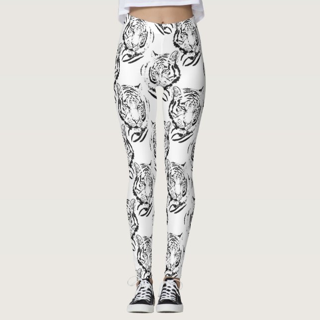 Elegantes Schwarz-Weiß-Tiger-Head Print Design Leggings (Vorderseite)