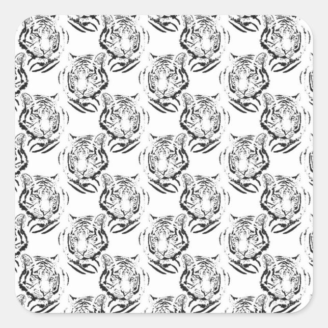 Elegantes Schwarz/Weiß Tiger Head Print Design Quadratischer Aufkleber (Vorderseite)
