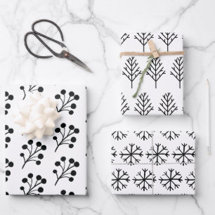 Elegantes Schwarz & Weiß Trendy Weihnachtsmuster Geschenkpapier Set