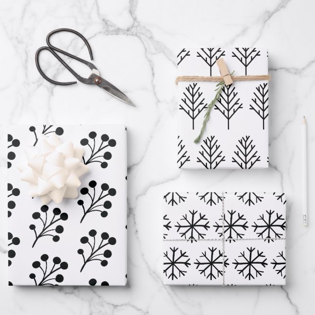 Elegantes Schwarz & Weiß Trendy Weihnachtsmuster Geschenkpapier Set (Vorderseite)