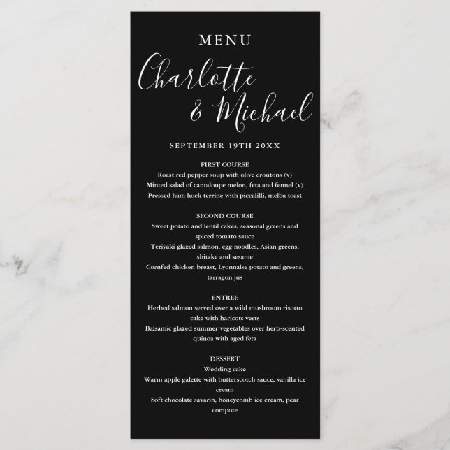 Elegantes Schwarz-Weiß-Unterschrift-Menü Menükarte (Vorderseite)