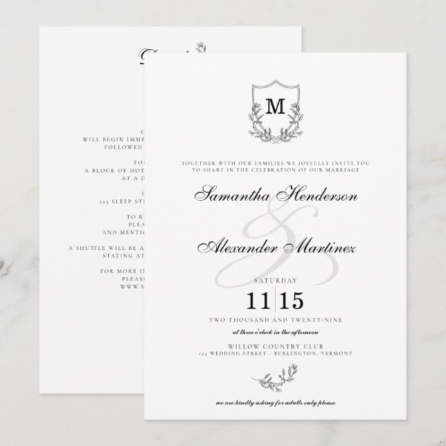 Elegantes Schwarz-Weiß-Wappen mit Details Hochzeit Einladung (Vorne/Hinten)