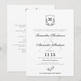 Elegantes Schwarz-Weiß-Wappen mit Details Hochzeit Einladung