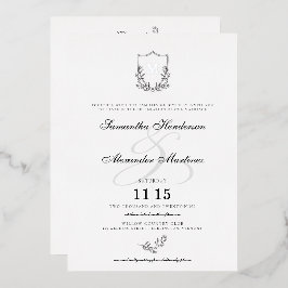 Elegantes Schwarz-Weiß-Wappen mit Details Hochzeit Folieneinladung