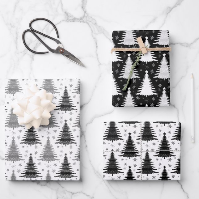 Elegantes Schwarz-Weiß-Weihnachtsbaummuster Geschenkpapier Set (Vorderseite)