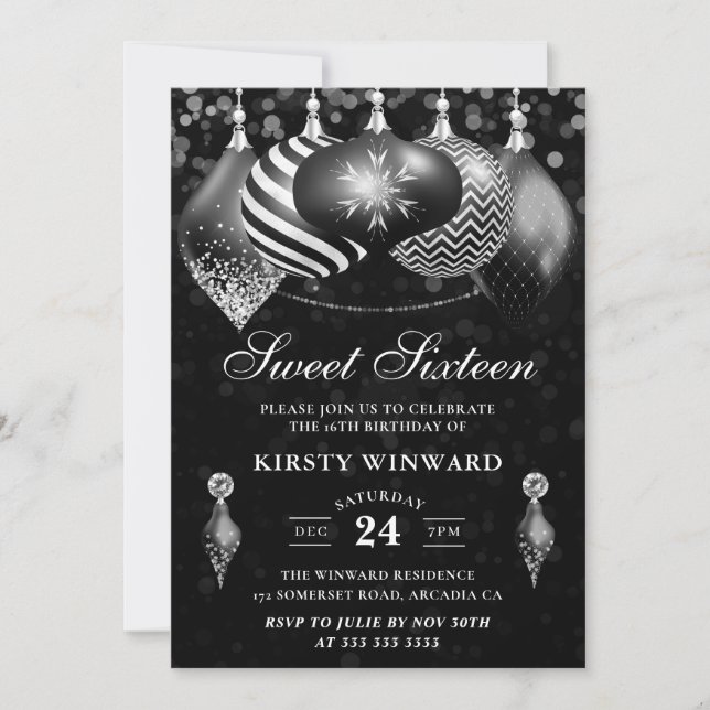 Elegantes Schwarz-Weiß-Winterbaumchen süß 16 Einladung (Vorderseite)