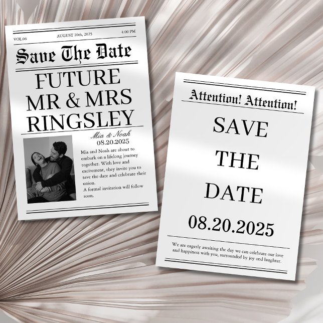 Elegantes Schwarz-Weiß-Zeitungs-Foto Hochzeit Save The Date (Von Creator hochgeladen)