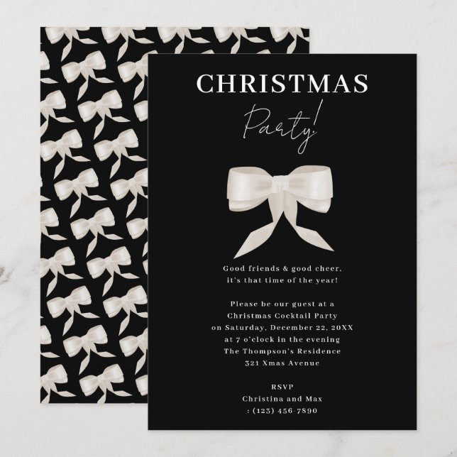 Elegantes Schwarz-weißes Bow Weihnachts-Party Einladung (Vorne/Hinten)