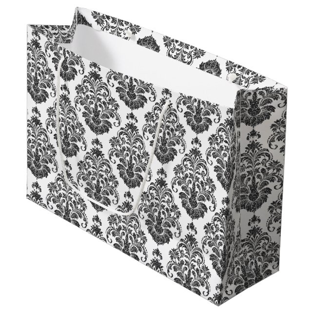 elegantes Schwarz-weißes Damask-Party Große Geschenktüte (Vorderseite Schrägansicht)