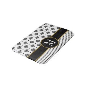 Elegantes Schwarz-weißes Damask Stripes-Gold-Mono Badematte