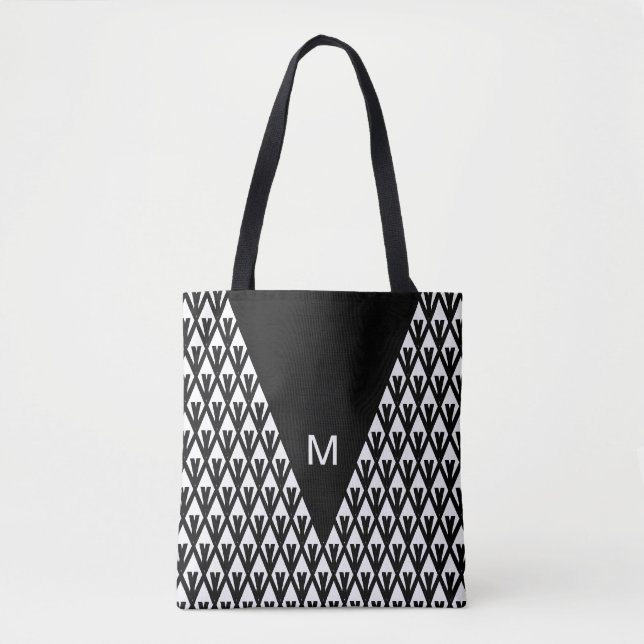 Elegantes Schwarz-weißes Diamantmuster und Monogra Tasche (Vorderseite)