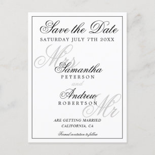 Elegantes Schwarz-weißes Drehbuch Save the Date Ankündigungspostkarte