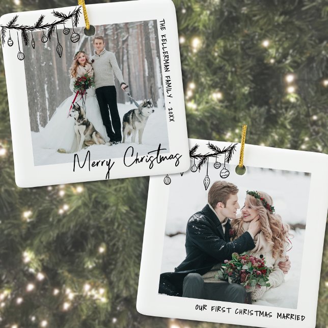 Elegantes Schwarz-weißes Erstes Foto Keramikornament (Elegant Black White First Christmas Photo Ceramic Ornament)