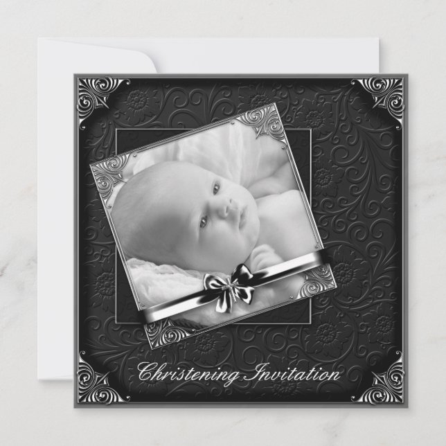 Elegantes Schwarz-weißes Foto Christening Einladung (Vorderseite)