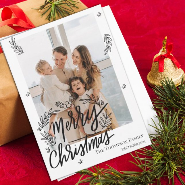 Elegantes Schwarz-weißes Foto zu Weihnachten (Elegant Merry Christmas Black White Family Photo Holiday Card)