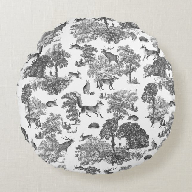Elegantes Schwarz-weißes Fox Kaninchen-Wald-Toile Rundes Kissen (Vorderseite)