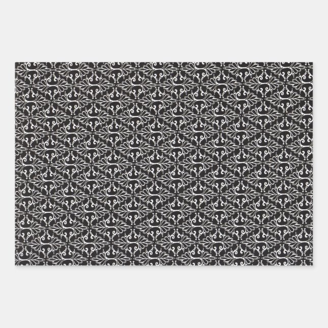 Elegantes, Schwarz-weißes, gekreuztes Damaskusmust Geschenkpapier Set (Vorderseite)