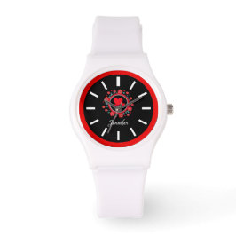 Elegantes Schwarz-weißes Gesicht, rotes Blumenmoti Armbanduhr
