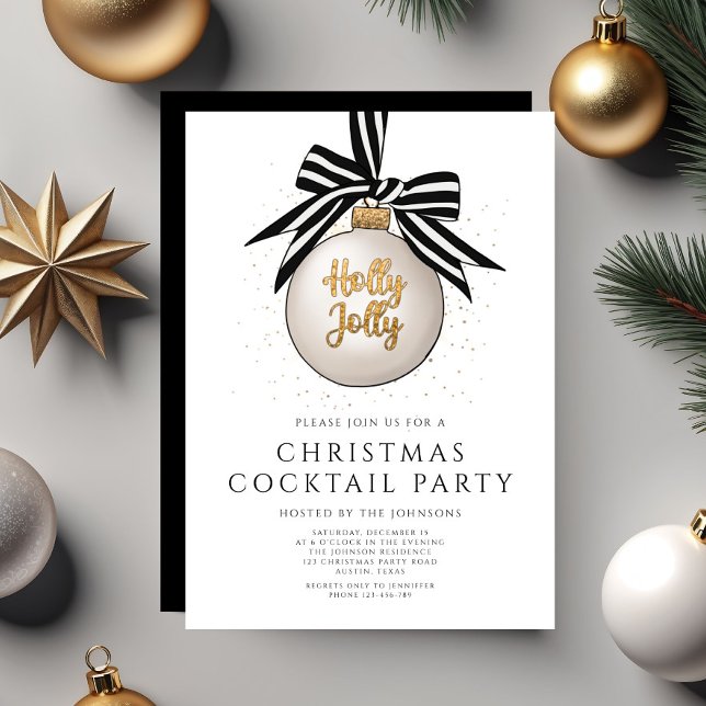 Elegantes Schwarz-weißes Gold Cocktail Party Einladung (Elegant Black White Gold Christmas Cocktail Party Invitation)