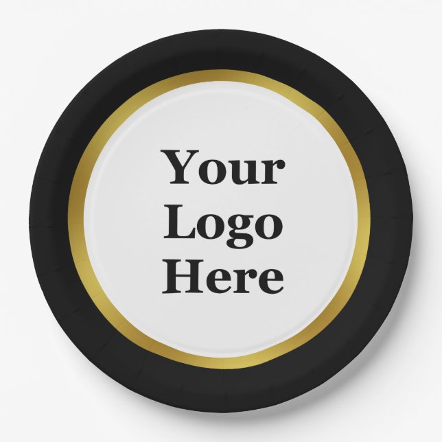 Elegantes Schwarz-weißes Gold-Logo hier Vorlage Pappteller (Vorderseite)