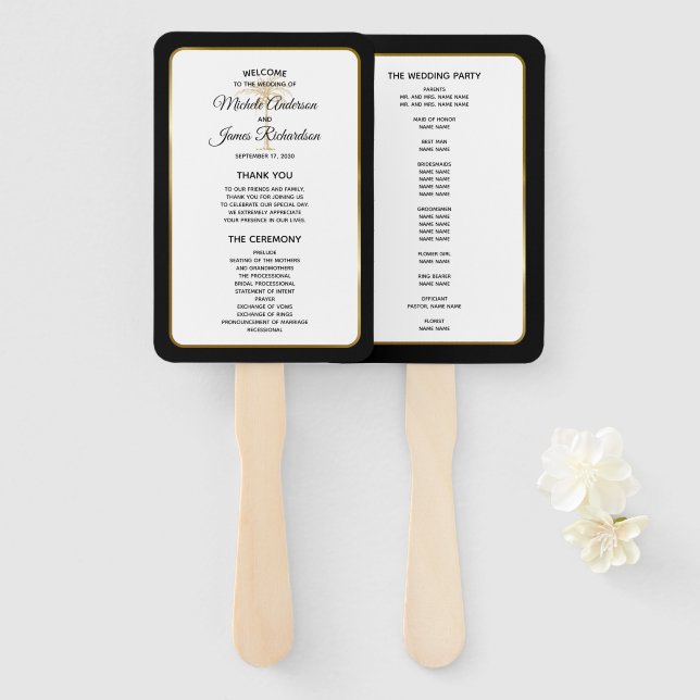 Elegantes Schwarz-weißes Gold Palm Tree Wedding Pr Fächer (Vorne und Hinten)