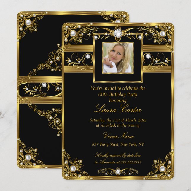 Elegantes Schwarz-weißes Gold Pearl Foto Geburtsta Einladung (Vorne/Hinten)