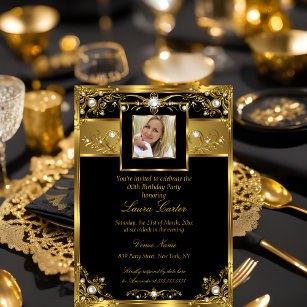 Elegantes Schwarz-weißes Gold Pearl Foto Geburtsta Einladung
