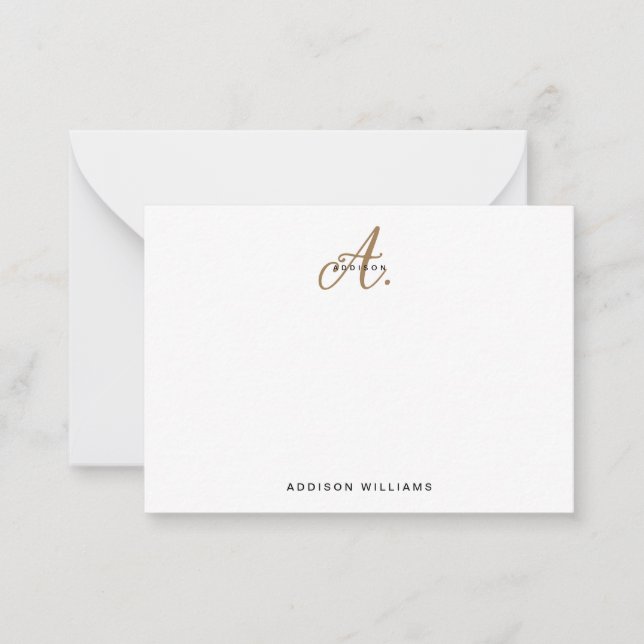 Elegantes Schwarz-weißes Gold Script Monogram Mitteilungskarte (Vorderseite)