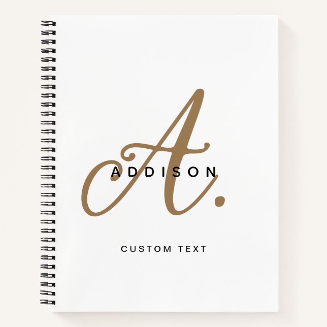 Elegantes Schwarz-weißes Gold Script Monogram Notizbuch (Vorderseite)