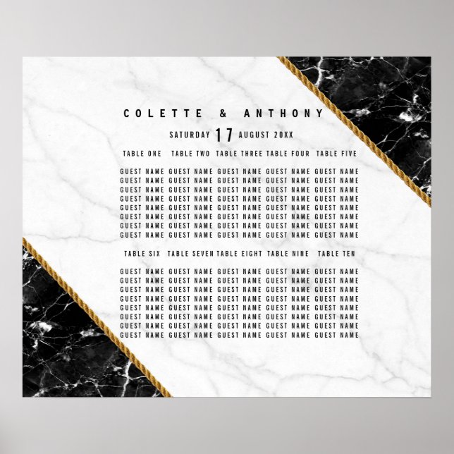 Elegantes Schwarz-weißes Goldmarmor-Seating Chart Poster (Vorne)