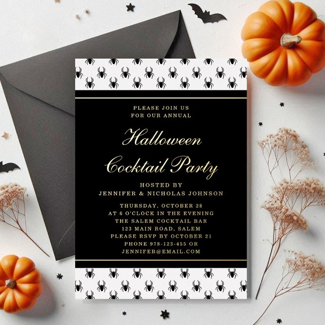 Elegantes Schwarz-weißes Halloween Cocktail Party  Folieneinladung (Elegant Black White Halloween Cocktail Party Gold Foil Invitation)