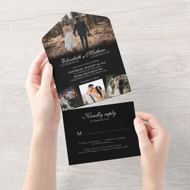 Elegantes Schwarz-weißes Kalligrafie-Foto Hochzeit All In One Einladung (Abreißen)