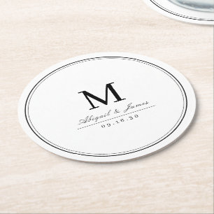 Elegantes schwarz-weißes minimalistisches Monogram Runder Pappuntersetzer